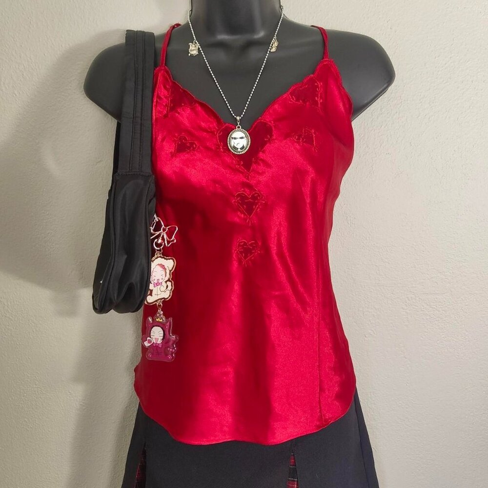 Y2K Sexy Red Mesh Heart Embroidered Valentine's Day Satin Lingerie Cami Small